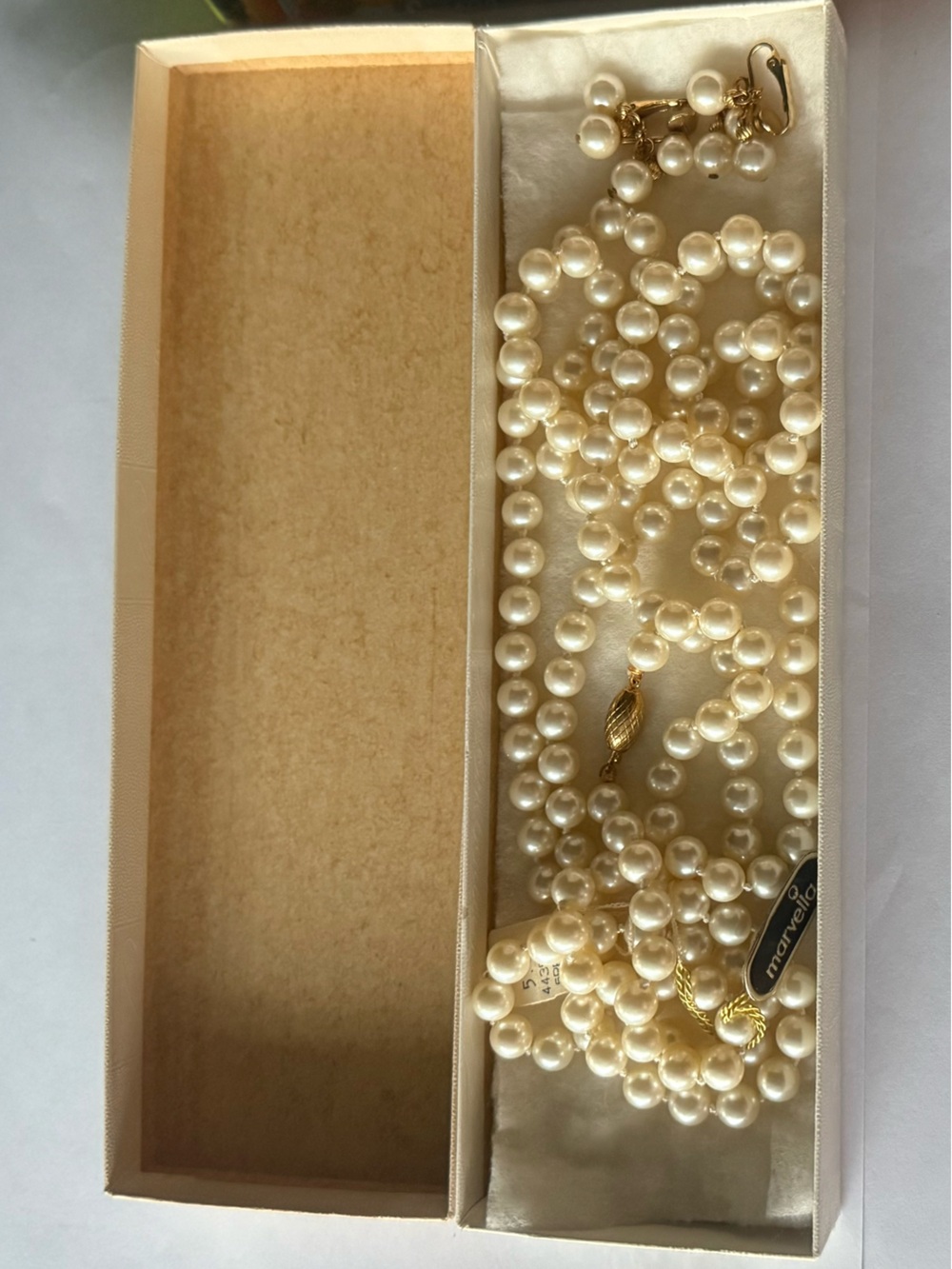Vintage Marvella Faux Pearl Necklace Clip-On Earrings Set Original Tag & Box NOS
